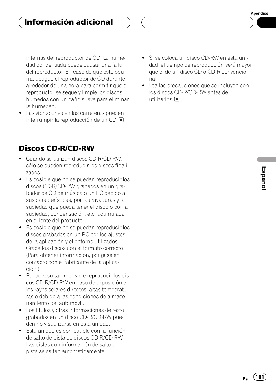 Discos cd-r/cd-rw 101, Discos cd-r/cd-rw, Información adicional | Pioneer DEH-P2600 User Manual | Page 101 / 103