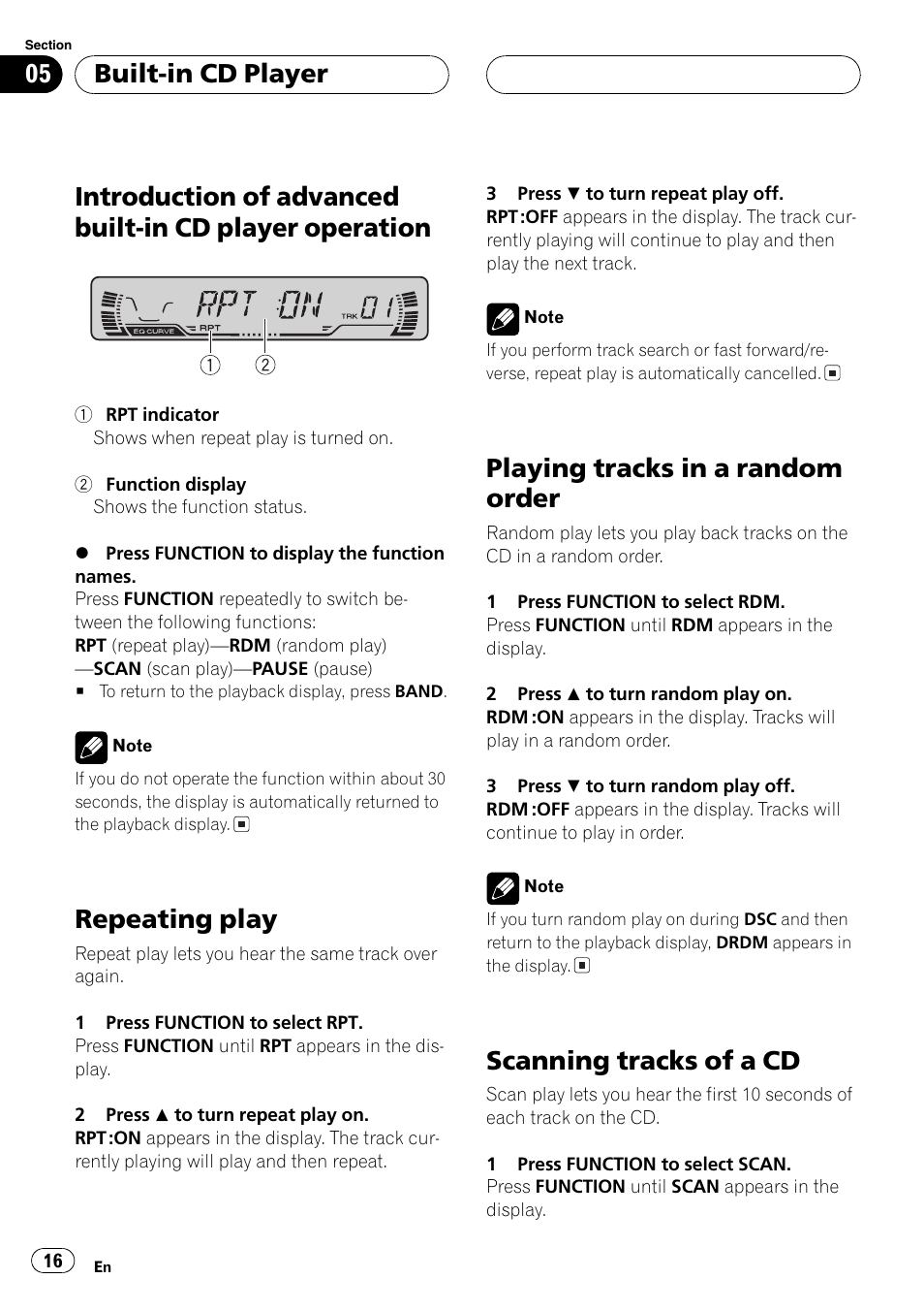 Introduction of advanced built-in cd player, Operation 16, Repeating play | Playing tracks in a random order, Scanning tracks of a cd, Built-in cd player | Pioneer DEH-P2600 User Manual | Page 16 / 103