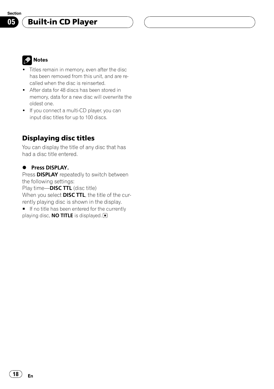Displaying disc titles 18, Built-in cd player, Displaying disc titles | Pioneer DEH-P2600 User Manual | Page 18 / 103