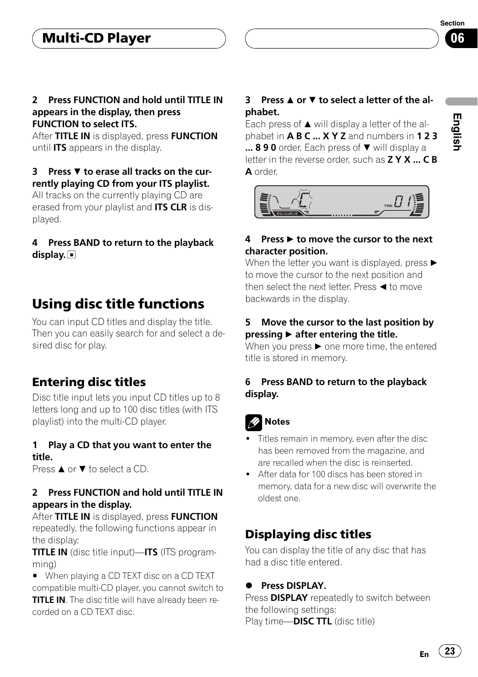 Using disc title functions 23, Entering disc titles 23, Displaying disc titles 23 | Using disc title functions, Multi-cd player, Entering disc titles, Displaying disc titles | Pioneer DEH-P2600 User Manual | Page 23 / 103