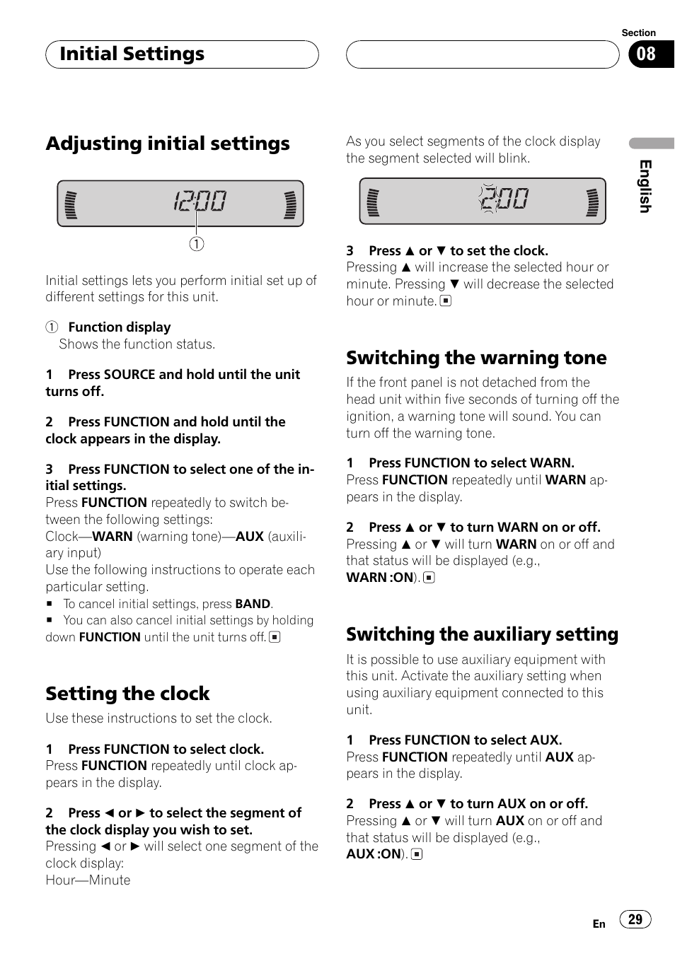 Adjusting initial settings, Setting the clock, Switching the warning tone | Switching the auxiliary setting, Initial settings | Pioneer DEH-P2600 User Manual | Page 29 / 103