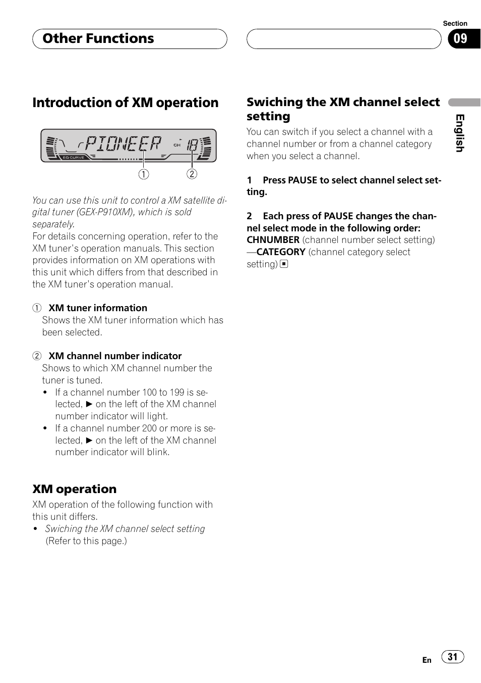 Introduction of xmoperation 31, Xmoperation 31, Swiching the xmchannel select | Setting 31, Introduction of xmoperation, Other functions | Pioneer DEH-P2600 User Manual | Page 31 / 103