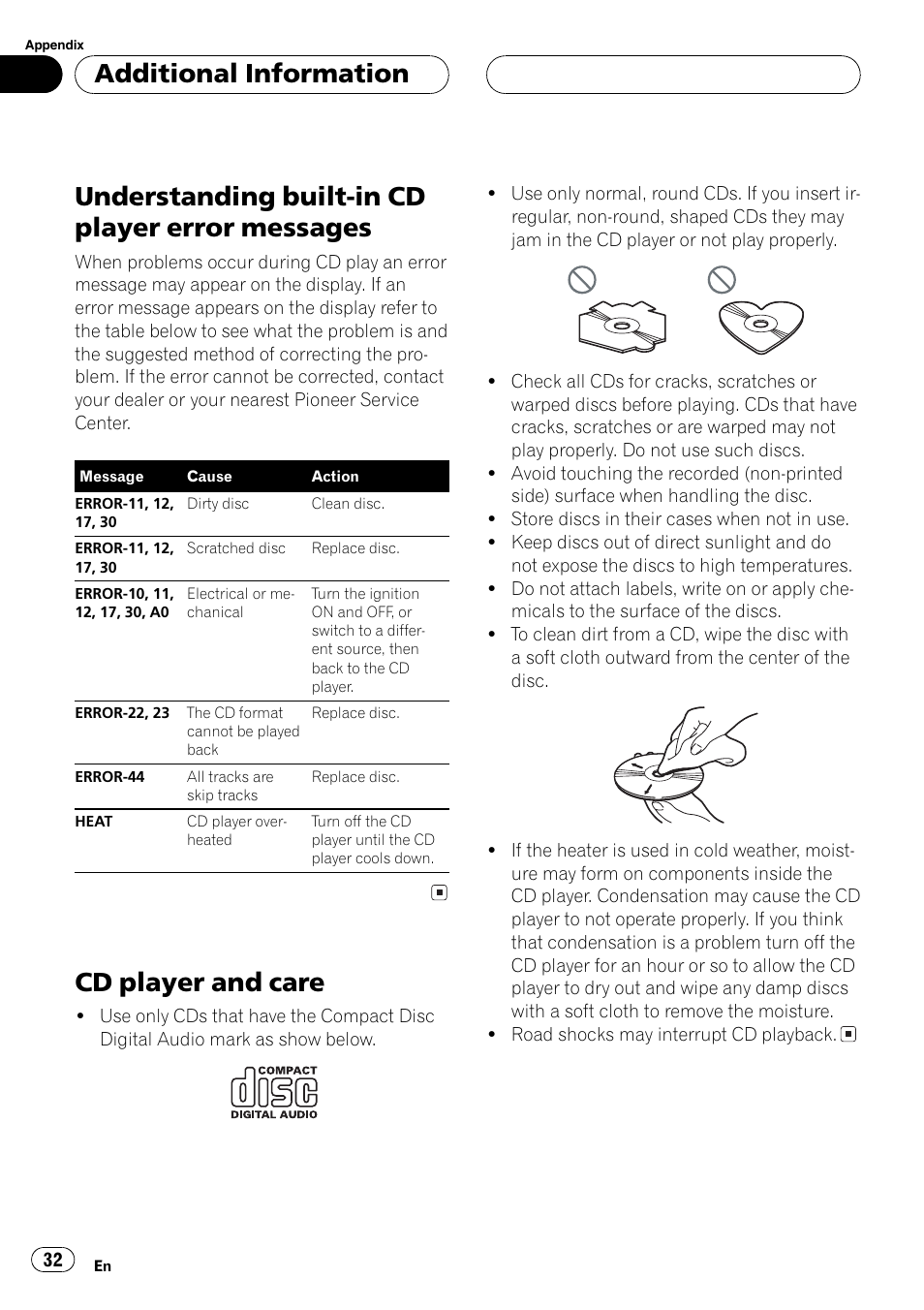 Messages 32, Cd player and care 32, Understanding built-in cd player error messages | Cd player and care, Additional information | Pioneer DEH-P2600 User Manual | Page 32 / 103