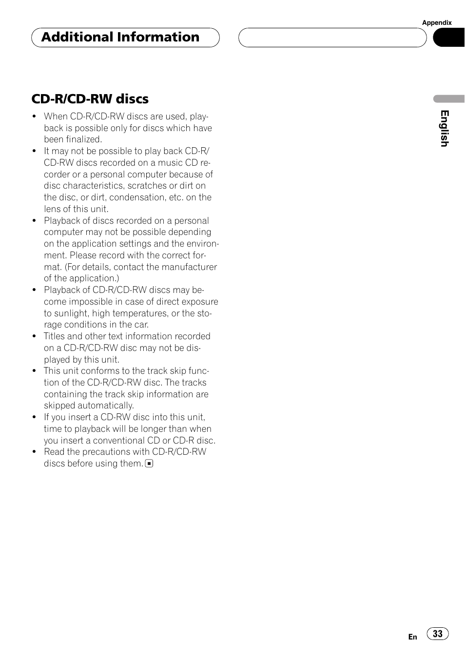 Cd-r/cd-rw discs 33, Cd-r/cd-rw discs, Additional information | Pioneer DEH-P2600 User Manual | Page 33 / 103