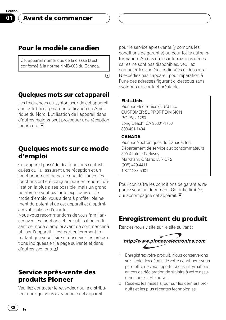 Avant de commencer pour le modèle canadien 38, Quelques mots sur cet appareil 38, Quelques mots sur ce mode demploi 38 | Service après-vente des produits pioneer 38, Enregistrement du produit 38, Pour le modèle canadien, Quelques mots sur cet appareil, Quelques mots sur ce mode demploi, Service après-vente des produits pioneer, Enregistrement du produit | Pioneer DEH-P2600 User Manual | Page 38 / 103