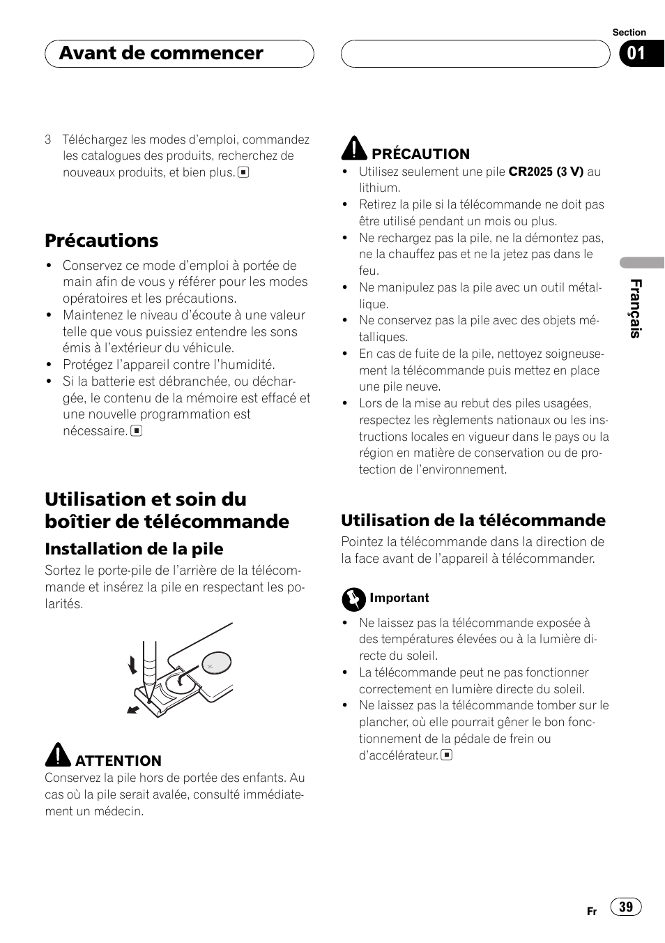 Précautions 39, Utilisation et soin du boîtier de, Télécommande 39 | Installation de la pile 39, Utilisation de la télécommande 39, Précautions, Utilisation et soin du boîtier de télécommande, Avant de commencer, Installation de la pile, Utilisation de la télécommande | Pioneer DEH-P2600 User Manual | Page 39 / 103