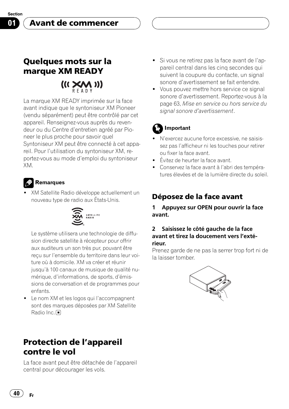 Quelques mots sur la marque xm, Ready 40, Protection de lappareil contre le vol 40 | Déposez de la face avant 40, Quelques mots sur la marque xmready, Protection de lappareil contre le vol, Avant de commencer | Pioneer DEH-P2600 User Manual | Page 40 / 103