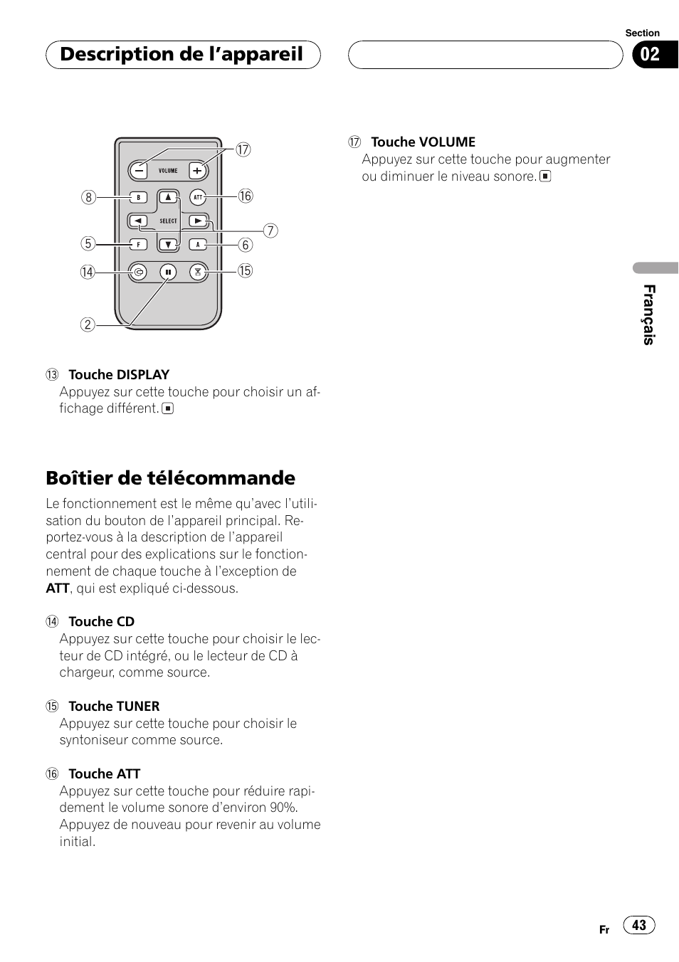 Boîtier de télécommande 43, Boîtier de télécommande, Description de lappareil | Pioneer DEH-P2600 User Manual | Page 43 / 103
