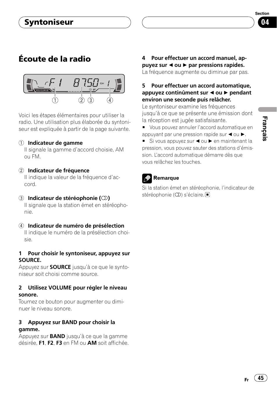 Syntoniseur, Écoute de la radio 45, Écoute de la radio | Pioneer DEH-P2600 User Manual | Page 45 / 103