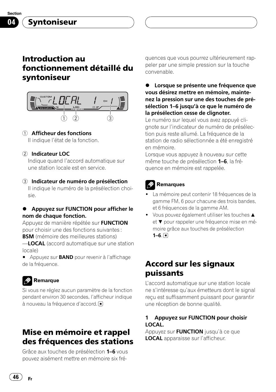 Introduction au fonctionnement détaillé du, Syntoniseur 46, Mise en mémoire et rappel des fréquences | Des stations 46, Accord sur les signaux puissants 46, Accord sur les signaux puissants, Syntoniseur | Pioneer DEH-P2600 User Manual | Page 46 / 103