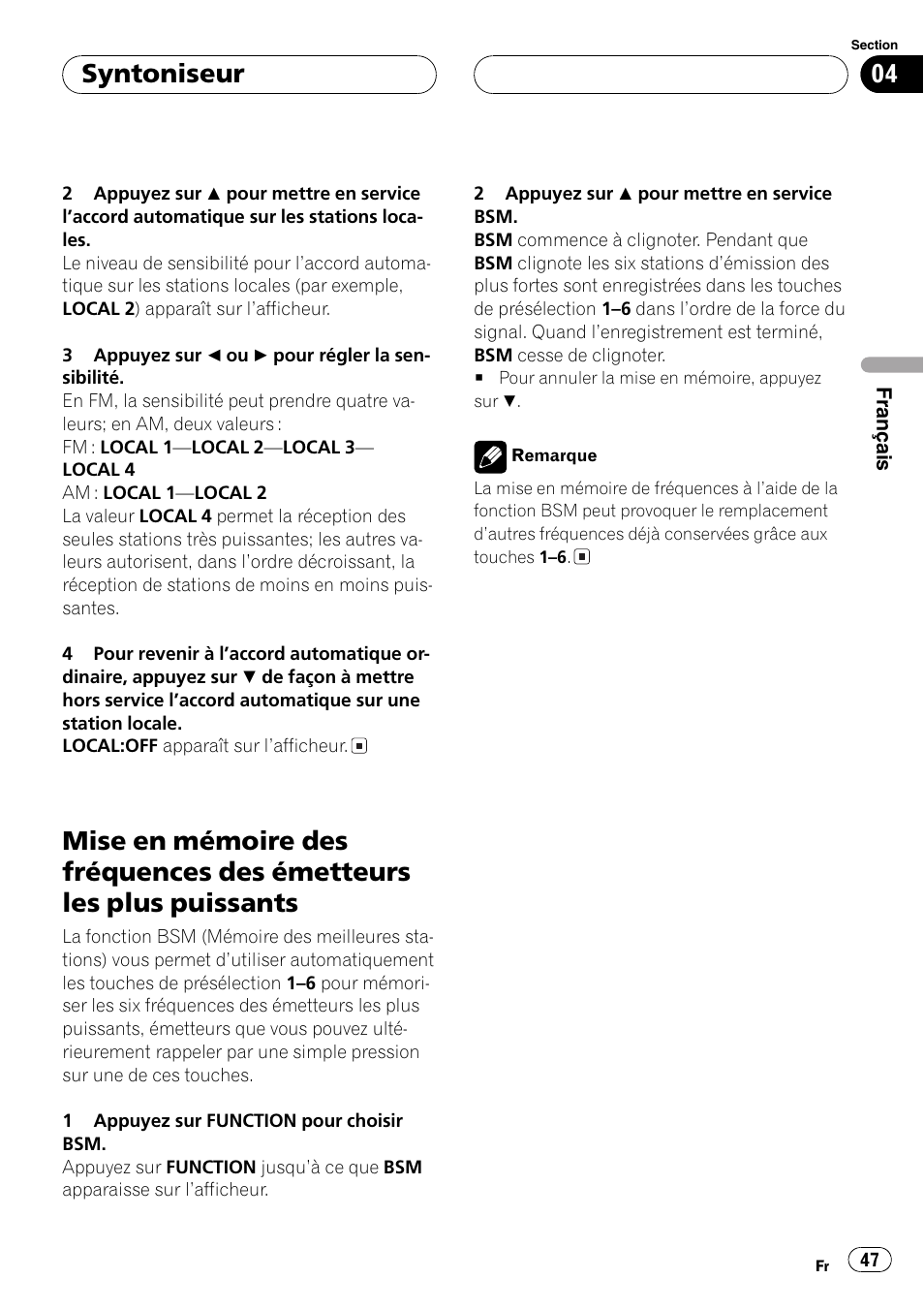 Mise en mémoire des fréquences des, Émetteurs les plus puissants 47, Syntoniseur | Pioneer DEH-P2600 User Manual | Page 47 / 103