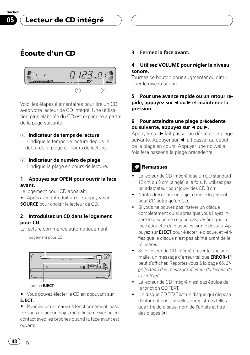 Lecteur de cd intégré, Écoute dun cd 48, Écoute dun cd | Pioneer DEH-P2600 User Manual | Page 48 / 103