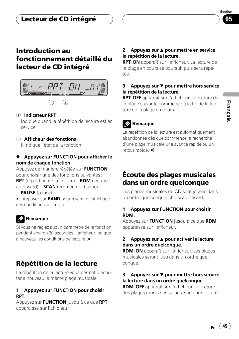 Introduction au fonctionnement détaillé du, Lecteur de cd intégré 49, Répétition de la lecture 49 | Écoute des plages musicales dans un ordre, Quelconque 49, Répétition de la lecture, Lecteur de cd intégré | Pioneer DEH-P2600 User Manual | Page 49 / 103