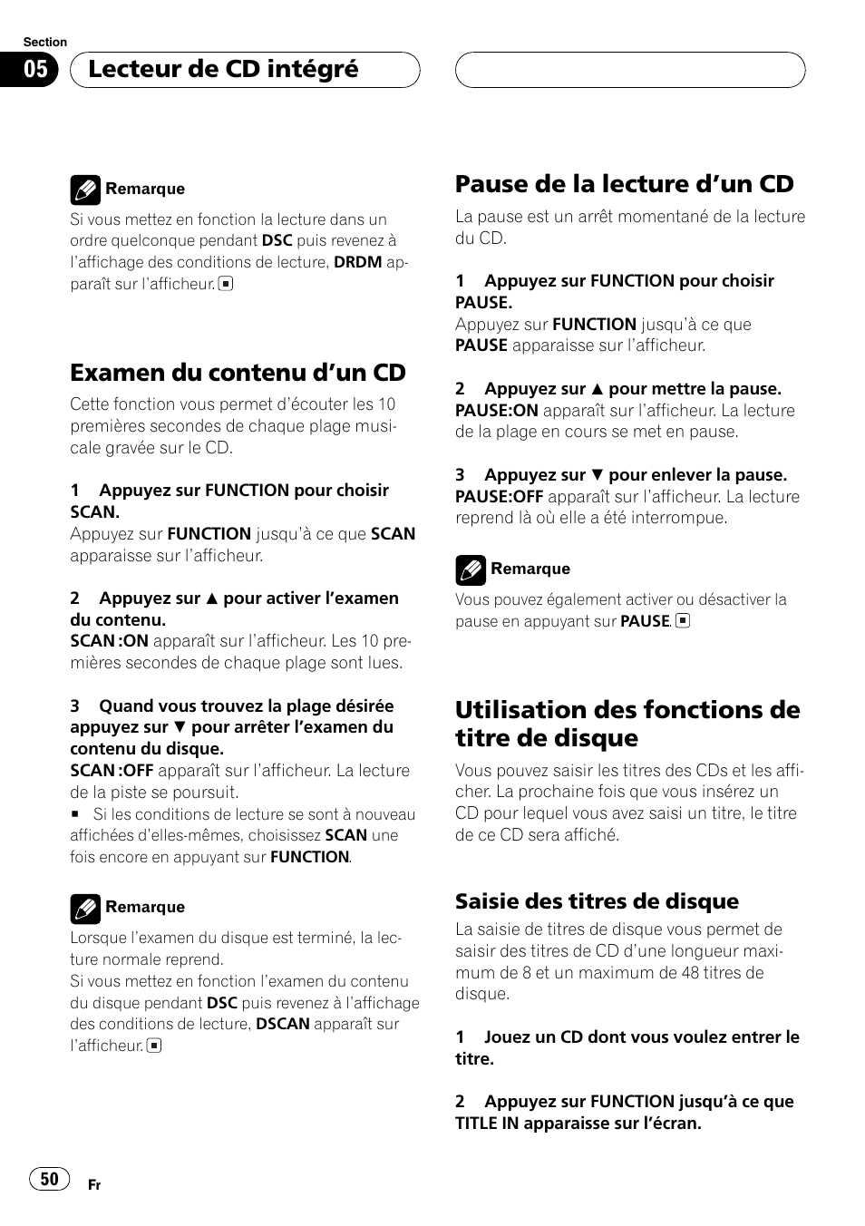 Examen du contenu dun cd 50, Pause de la lecture dun cd 50, Utilisation des fonctions de titre de | Disque 50, Saisie des titres de disque 50, Examen du contenu dun cd, Pause de la lecture dun cd, Utilisation des fonctions de titre de disque, Lecteur de cd intégré | Pioneer DEH-P2600 User Manual | Page 50 / 103