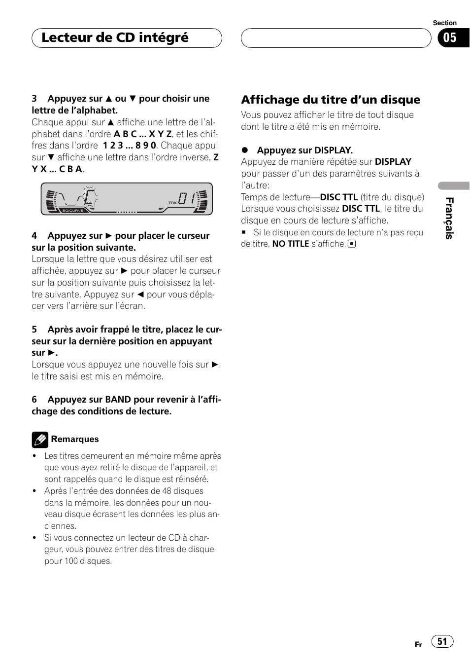 Affichage du titre dun disque 51, Lecteur de cd intégré, Affichage du titre dun disque | Pioneer DEH-P2600 User Manual | Page 51 / 103