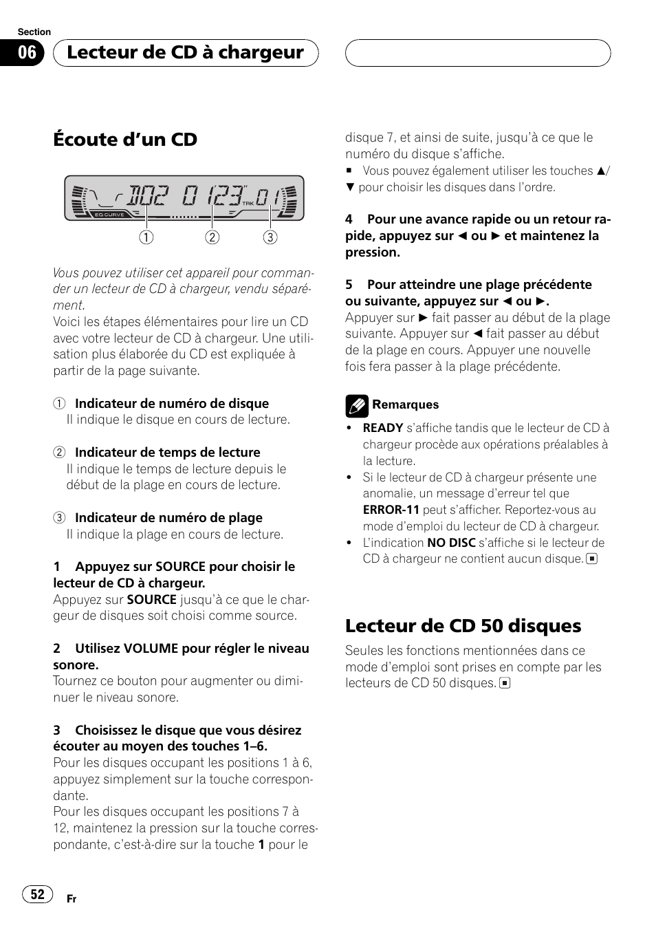 Lecteur de cd à chargeur, Écoute dun cd 52, Lecteur de cd 50 disques 52 | Écoute dun cd, Lecteur de cd 50 disques | Pioneer DEH-P2600 User Manual | Page 52 / 103