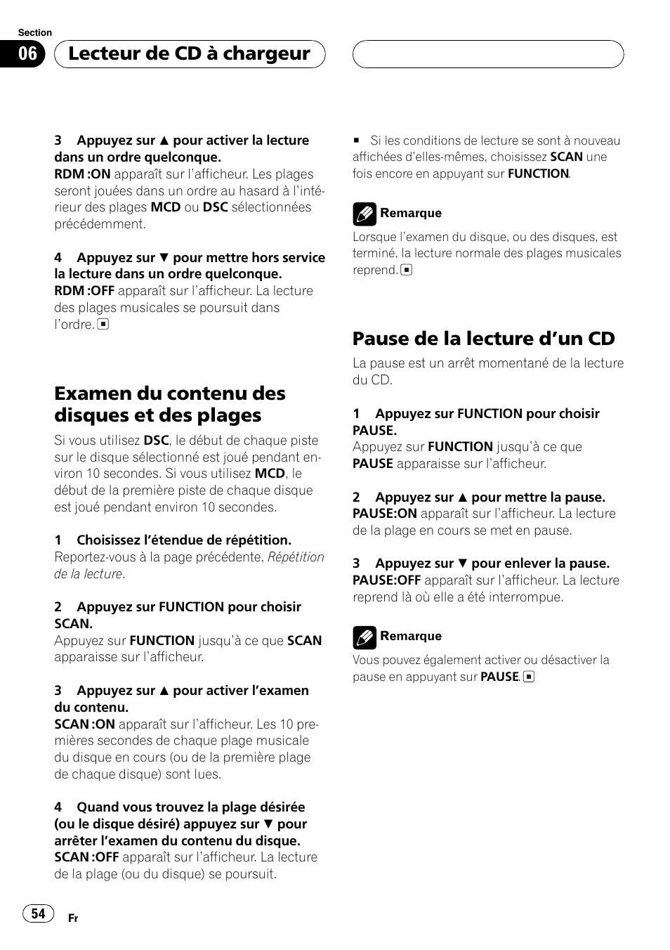 Examen du contenu des disques et des, Plages 54, Pause de la lecture dun cd 54 | Examen du contenu des disques et des plages, Pause de la lecture dun cd, Lecteur de cd à chargeur | Pioneer DEH-P2600 User Manual | Page 54 / 103