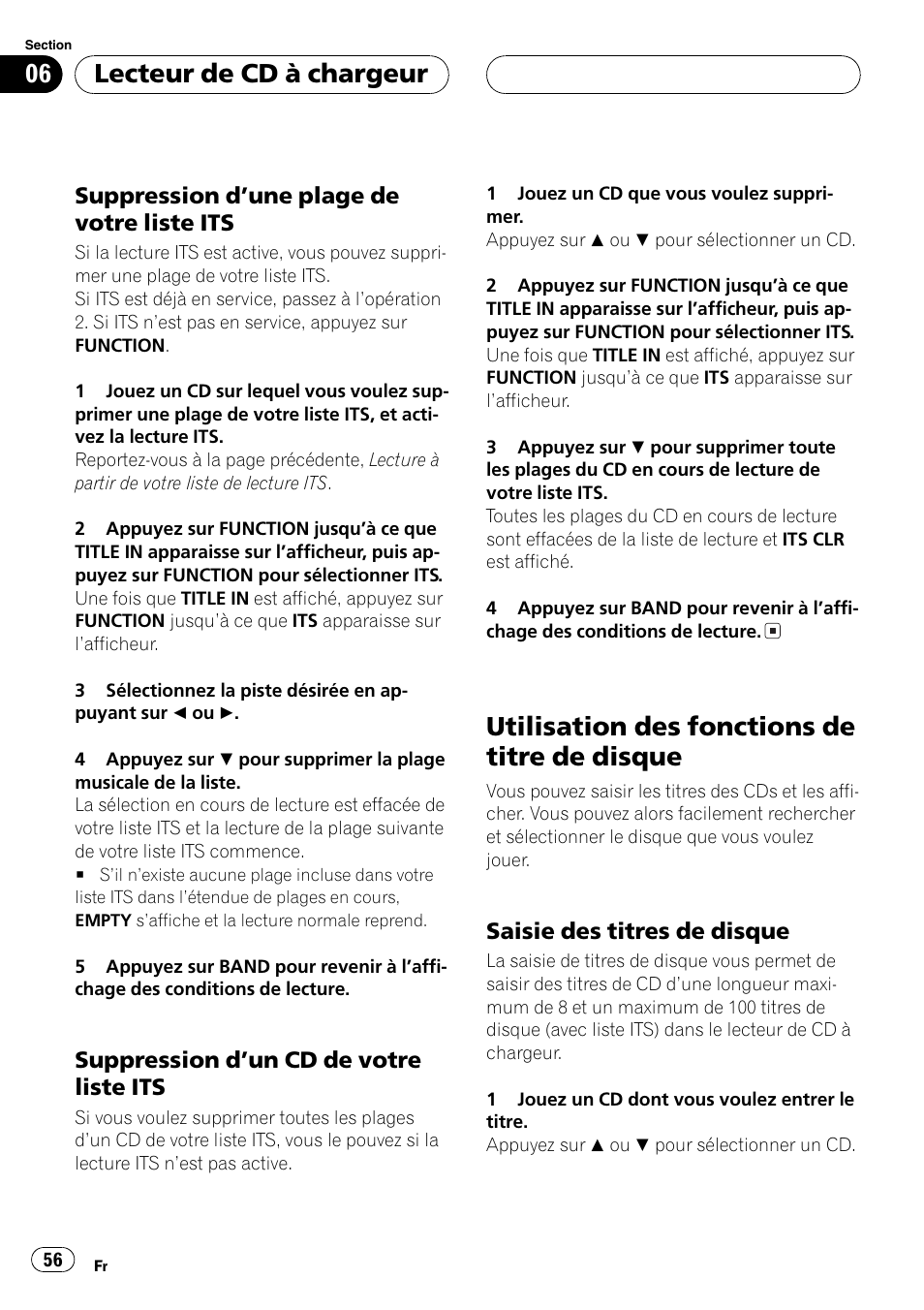 Suppression dune plage de votre liste, Its 56, Suppression dun cd de votre liste | Utilisation des fonctions de titre de, Disque 56, Saisie des titres de disque 56, Utilisation des fonctions de titre de disque, Lecteur de cd à chargeur | Pioneer DEH-P2600 User Manual | Page 56 / 103