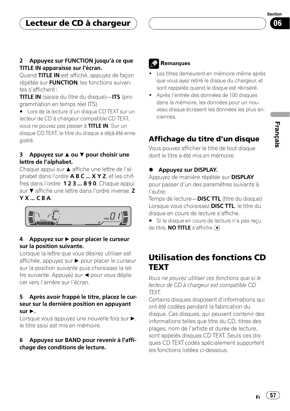 Affichage du titre dun disque 57, Utilisation des fonctions cd text 57, Utilisation des fonctions cd text | Lecteur de cd à chargeur, Affichage du titre dun disque | Pioneer DEH-P2600 User Manual | Page 57 / 103