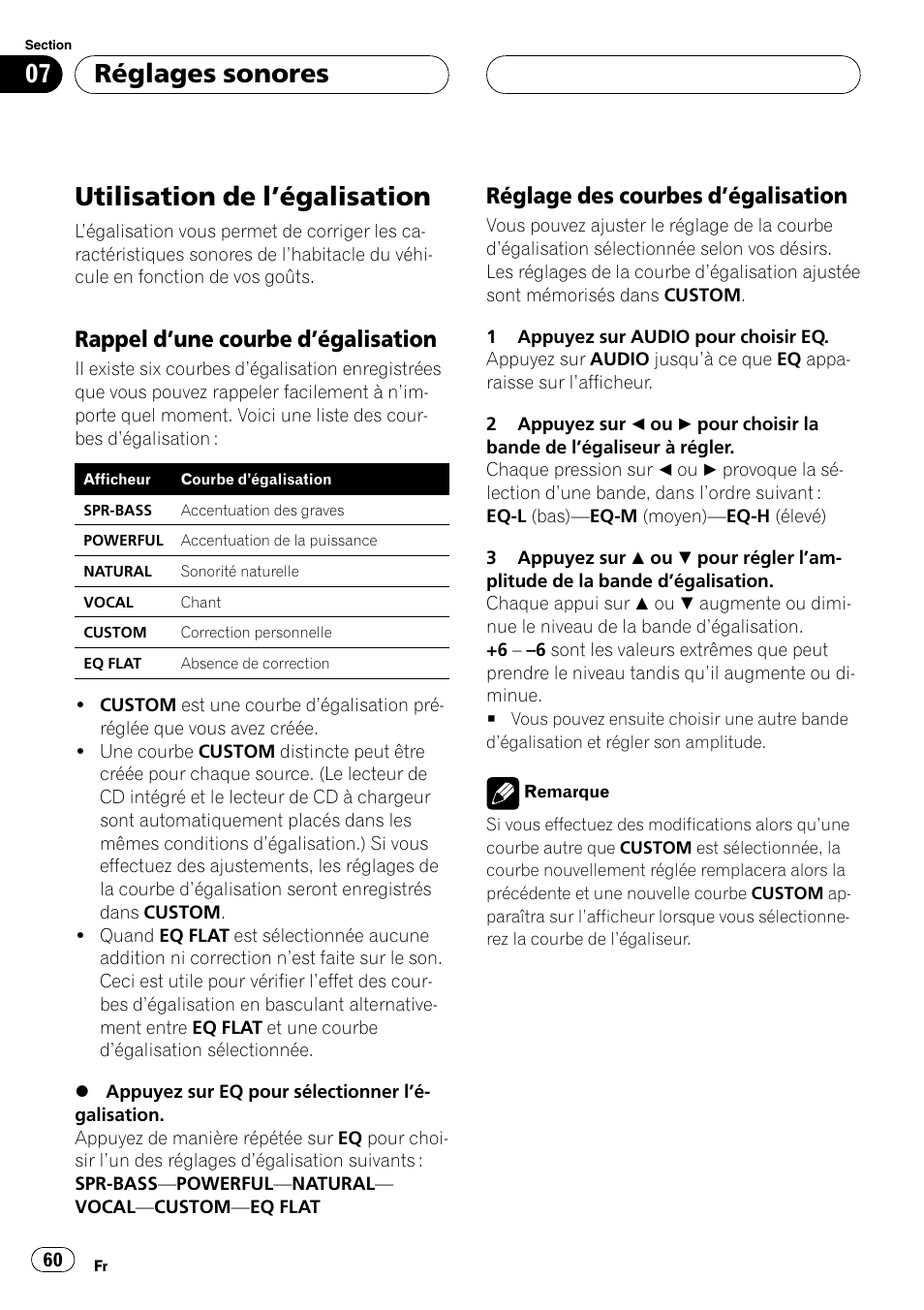 Utilisation de légalisation 60, Rappel dune courbe, Dégalisation 60 | Réglage des courbes, Utilisation de légalisation, Réglages sonores, Rappel dune courbe dégalisation, Réglage des courbes dégalisation | Pioneer DEH-P2600 User Manual | Page 60 / 103