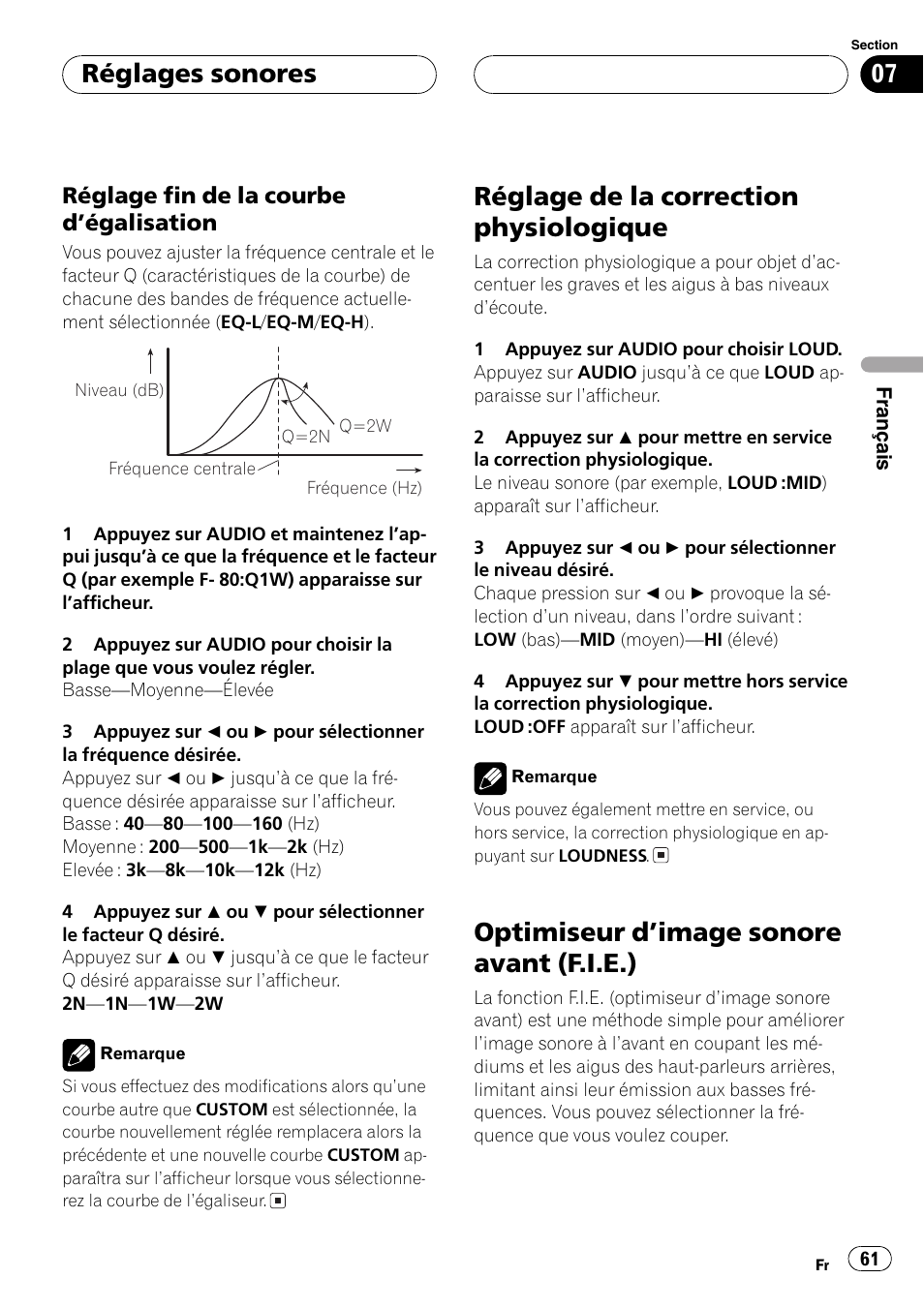 Réglage fin de la courbe, Dégalisation 61, Réglage de la correction physiologique 61 | Optimiseur dimage sonore avant (f.i.e.) 61, Réglage de la correction physiologique, Optimiseur dimage sonore avant (f.i.e.), Réglages sonores | Pioneer DEH-P2600 User Manual | Page 61 / 103
