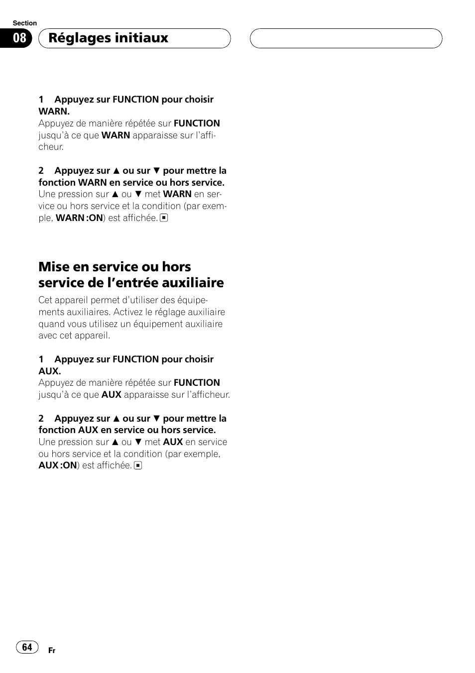 Mise en service ou hors service de lentrée, Auxiliaire 64, Réglages initiaux | Pioneer DEH-P2600 User Manual | Page 64 / 103