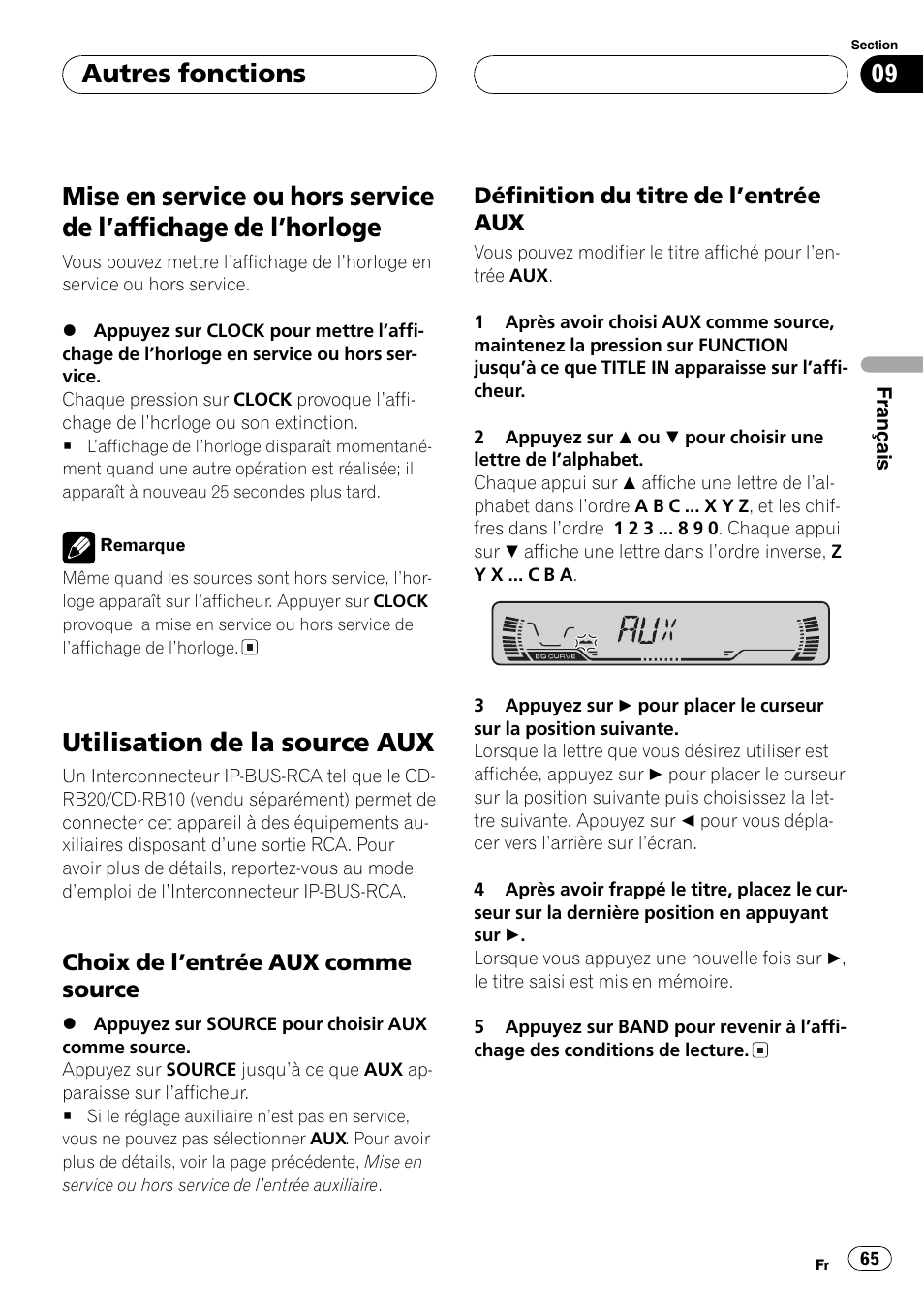 Autres fonctions, Mise en service ou hors service de laffichage, De lhorloge 65 | Utilisation de la source aux 65, Choix de lentrée aux comme, Source 65, Définition du titre de lentrée aux 65, Utilisation de la source aux | Pioneer DEH-P2600 User Manual | Page 65 / 103