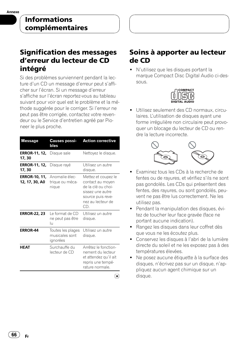 Informations complémentaires, Signification des messages derreur du, Lecteur de cd intégré 66 | Soins à apporter au lecteur de cd 66, Soins à apporter au lecteur de cd | Pioneer DEH-P2600 User Manual | Page 66 / 103