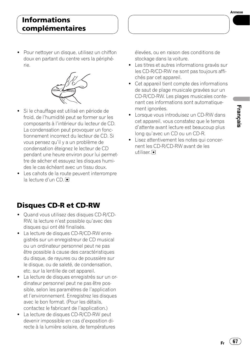 Disques cd-r et cd-rw 67, Disques cd-r et cd-rw, Informations complémentaires | Pioneer DEH-P2600 User Manual | Page 67 / 103