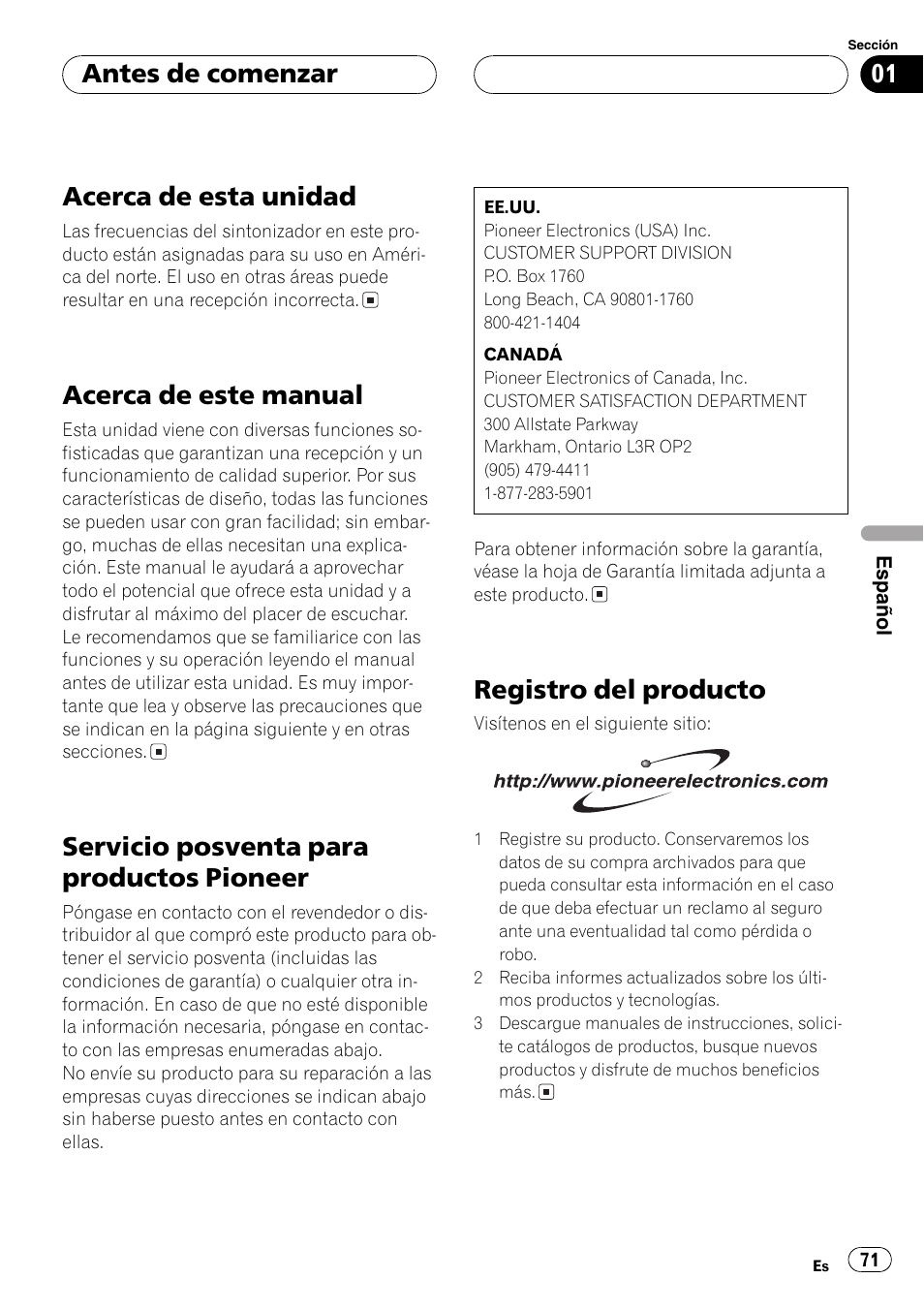 Antes de comenzar acerca de esta unidad 71, Acerca de este manual 71, Servicio posventa para productos | Pioneer 71, Registro del producto 71, Acerca de esta unidad, Acerca de este manual, Servicio posventa para productos pioneer, Registro del producto, Antes de comenzar | Pioneer DEH-P2600 User Manual | Page 71 / 103