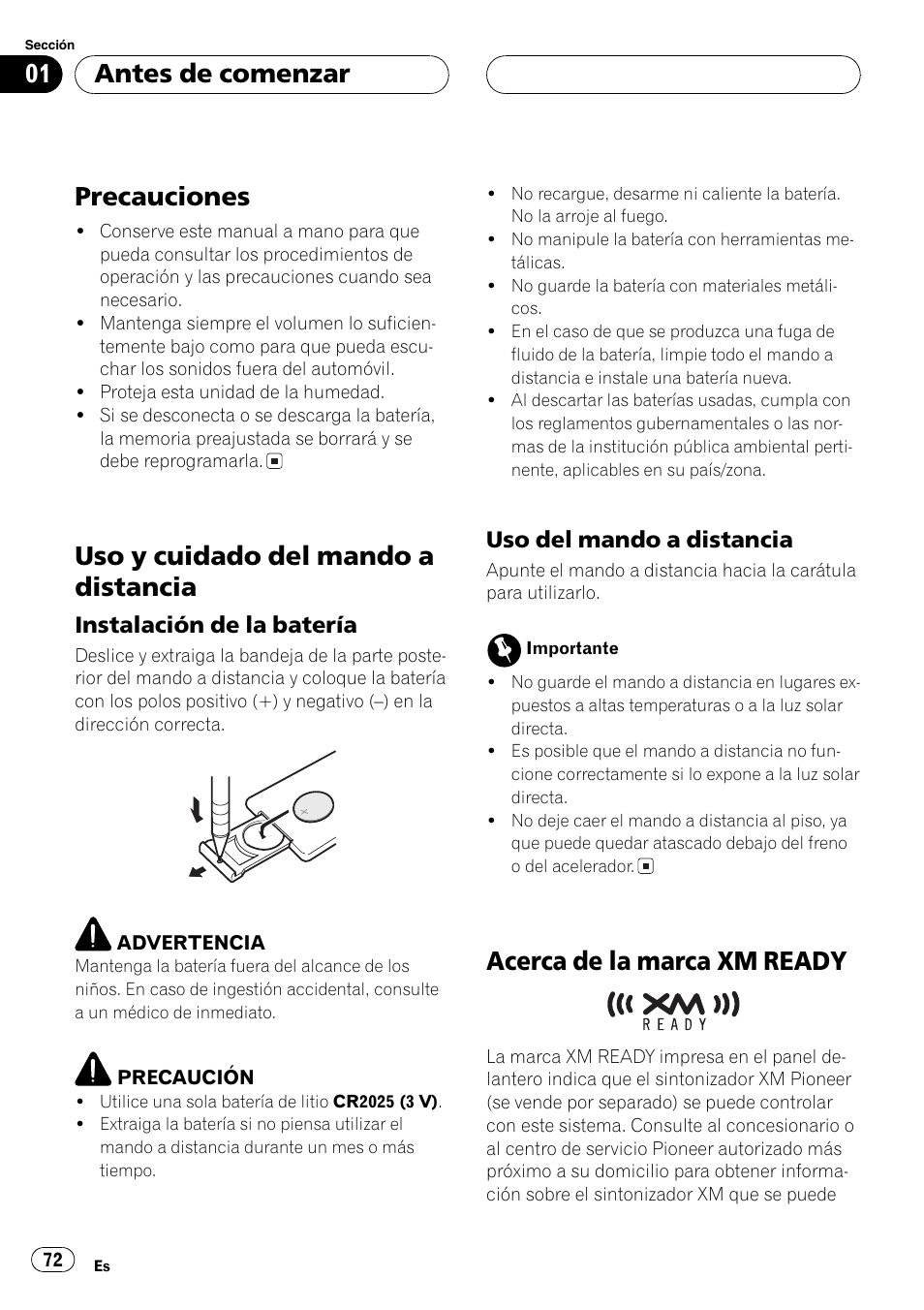 Precauciones 72, Uso y cuidado del mando a distancia 72, Instalación de la batería 72 | Uso del mando a distancia 72, Acerca de la marca xmready 72, Precauciones, Uso y cuidado del mando a distancia, Acerca de la marca xmready, Antes de comenzar, Instalación de la batería | Pioneer DEH-P2600 User Manual | Page 72 / 103