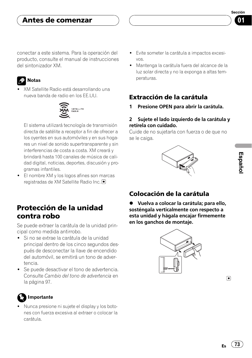 Protección de la unidad contra robo 73, Extracción de la carátula 73, Colocación de la carátula 73 | Protección de la unidad contra robo, Antes de comenzar, Extracción de la carátula, Colocación de la carátula | Pioneer DEH-P2600 User Manual | Page 73 / 103