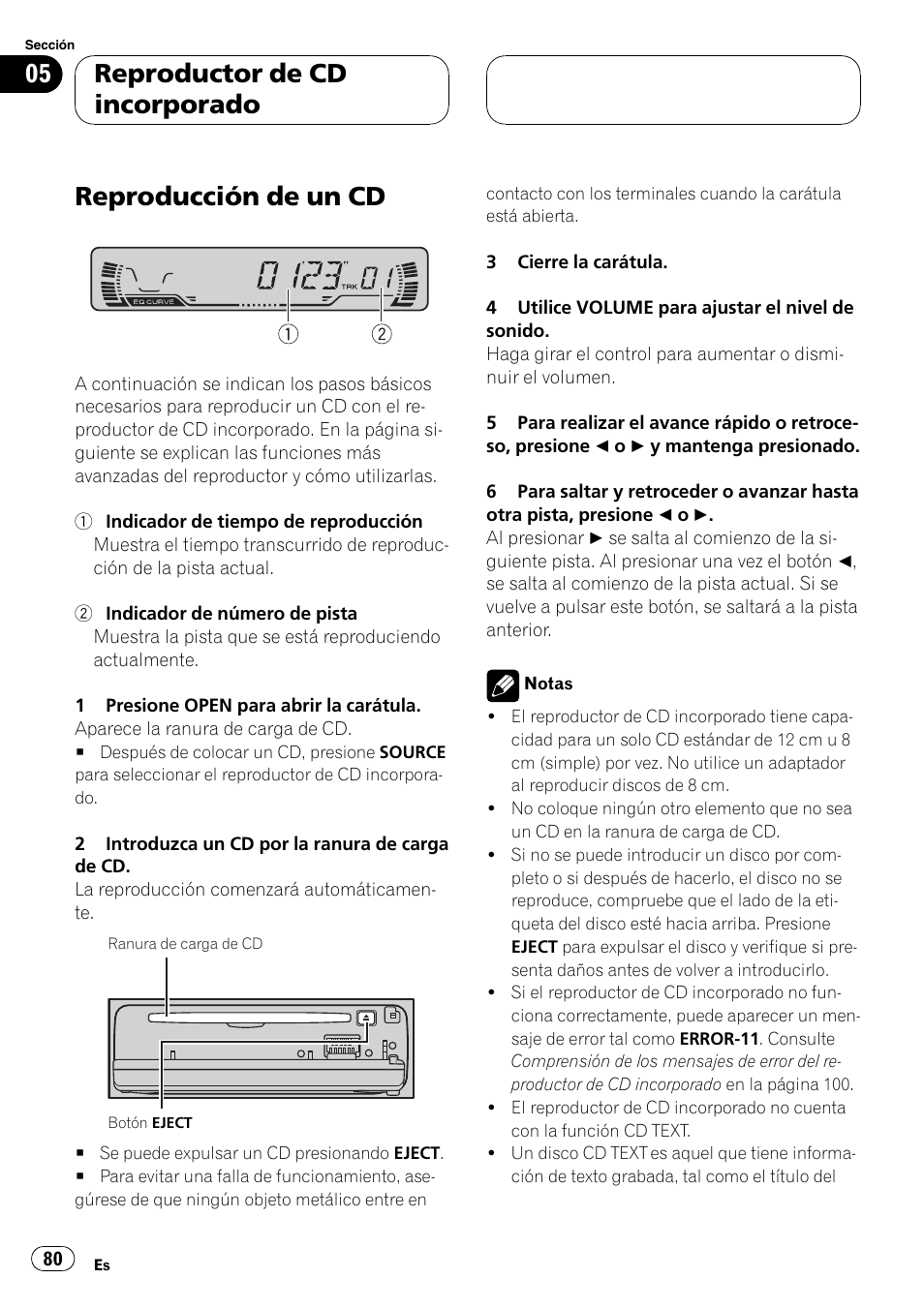 Reproductor de cd incorporado, Reproducción de un cd 80, Reproducción de un cd | Pioneer DEH-P2600 User Manual | Page 80 / 103