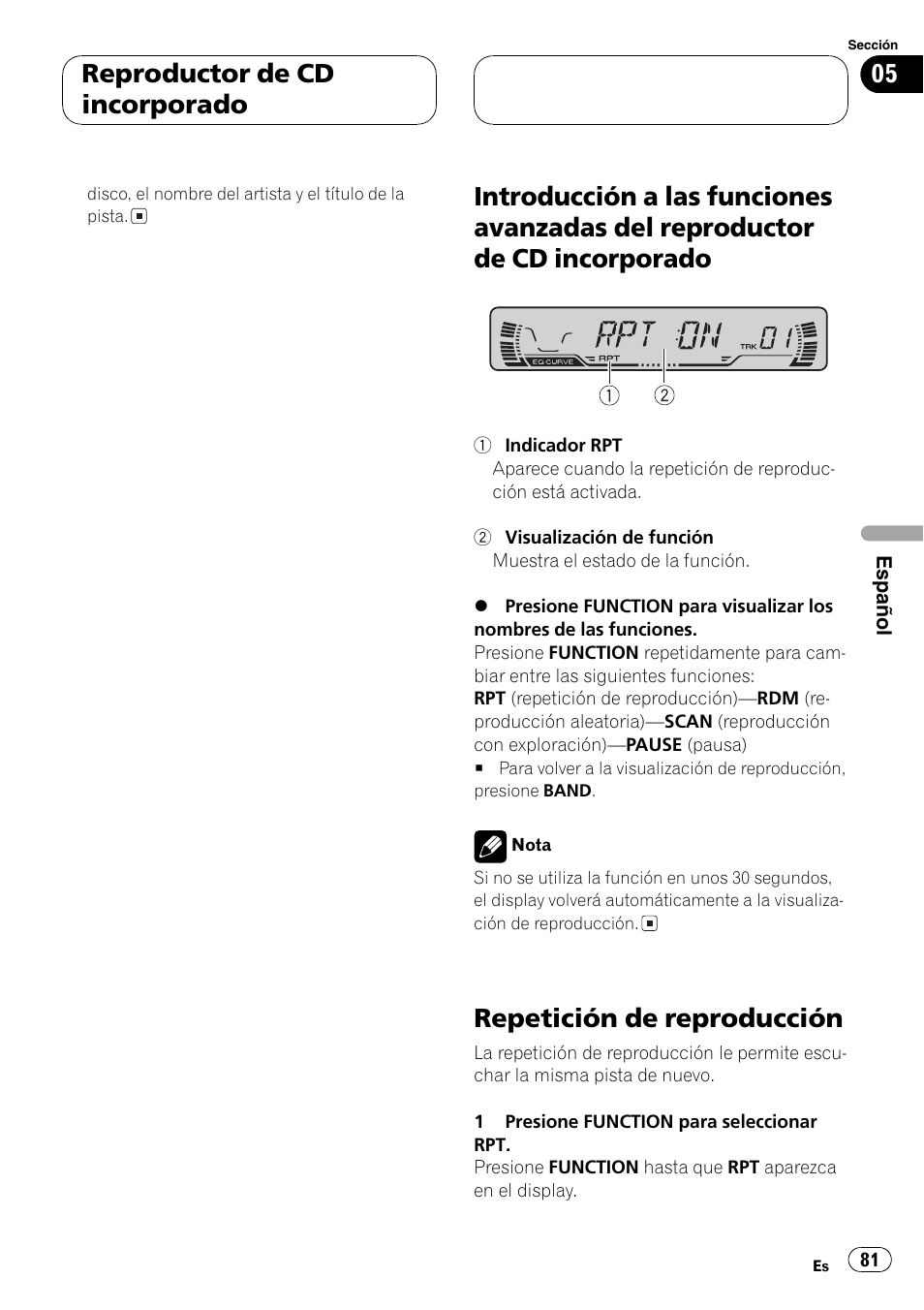 Introducción a las funciones avanzadas del, Reproductor de cd incorporado 81, Repetición de reproducción 81 | Repetición de reproducción, Reproductor de cd incorporado | Pioneer DEH-P2600 User Manual | Page 81 / 103