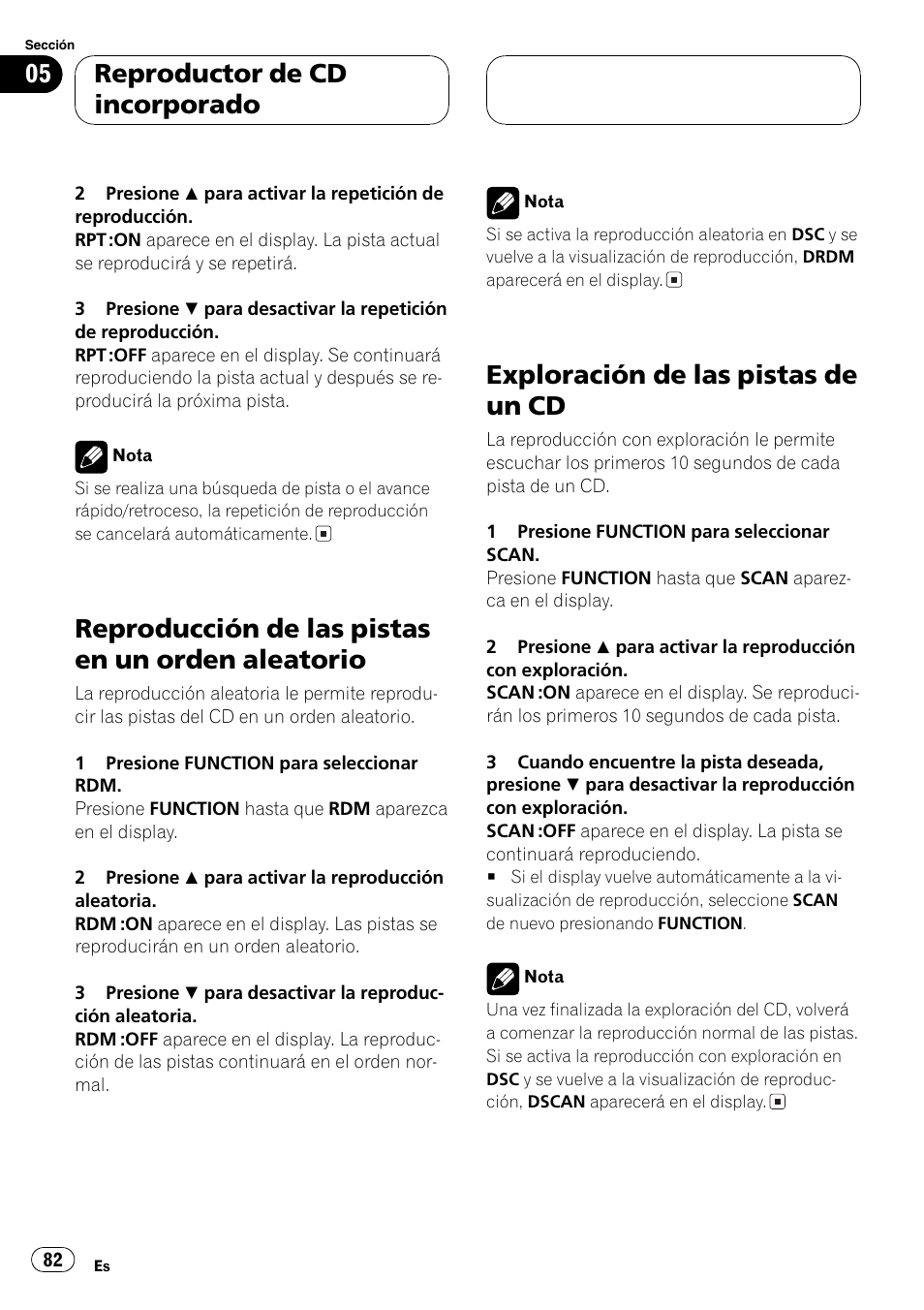 Reproducción de las pistas en un orden, Aleatorio 82, Exploración de las pistas de un cd 82 | Reproducción de las pistas en un orden aleatorio, Exploración de las pistas de un cd, Reproductor de cd incorporado | Pioneer DEH-P2600 User Manual | Page 82 / 103