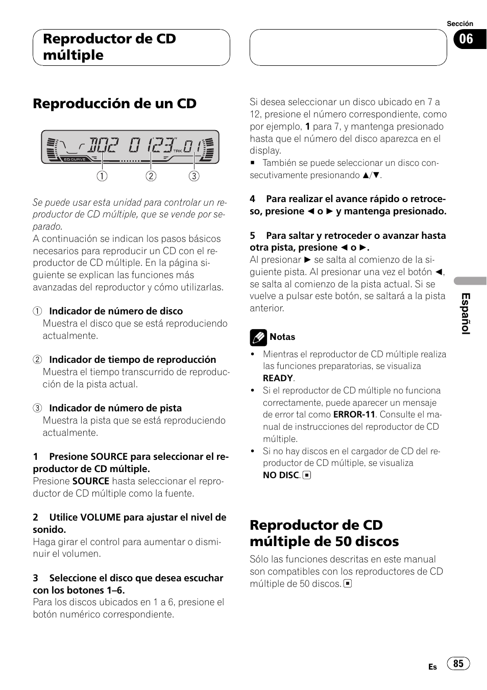 Reproductor de cd múltiple, Reproducción de un cd 85, Reproductor de cd múltiple de 50 | Discos 85, Reproducción de un cd, Reproductor de cd múltiple de 50 discos | Pioneer DEH-P2600 User Manual | Page 85 / 103