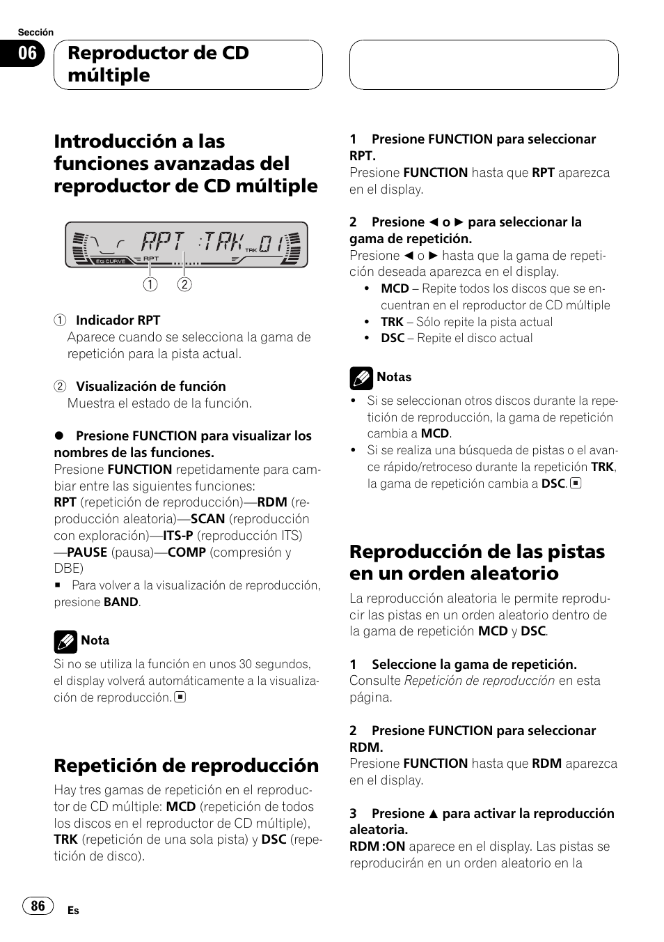 Introducción a las funciones avanzadas del, Reproductor de cd múltiple 86, Repetición de reproducción 86 | Reproducción de las pistas en un orden, Aleatorio 86, Repetición de reproducción, Reproducción de las pistas en un orden aleatorio, Reproductor de cd múltiple | Pioneer DEH-P2600 User Manual | Page 86 / 103