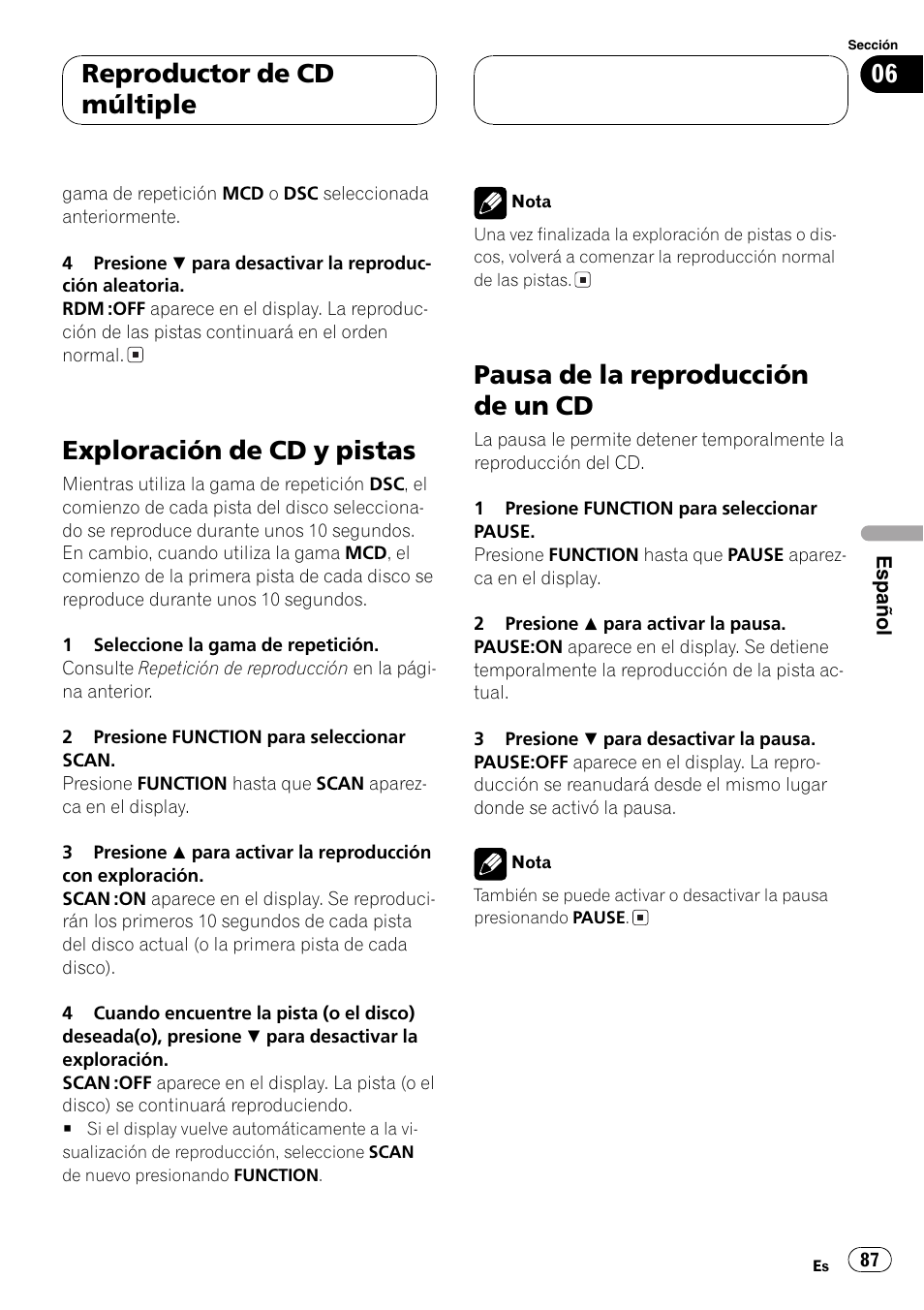 Exploración de cd y pistas 87, Pausa de la reproducción de un cd 87, Exploración de cd y pistas | Pausa de la reproducción de un cd, Reproductor de cd múltiple | Pioneer DEH-P2600 User Manual | Page 87 / 103
