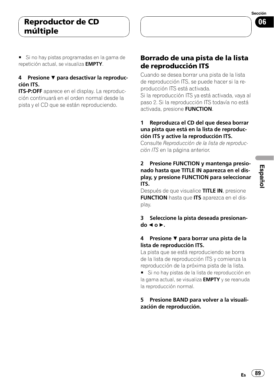 Borrado de una pista de la lista de, Reproducción its 89, Reproductor de cd múltiple | Pioneer DEH-P2600 User Manual | Page 89 / 103