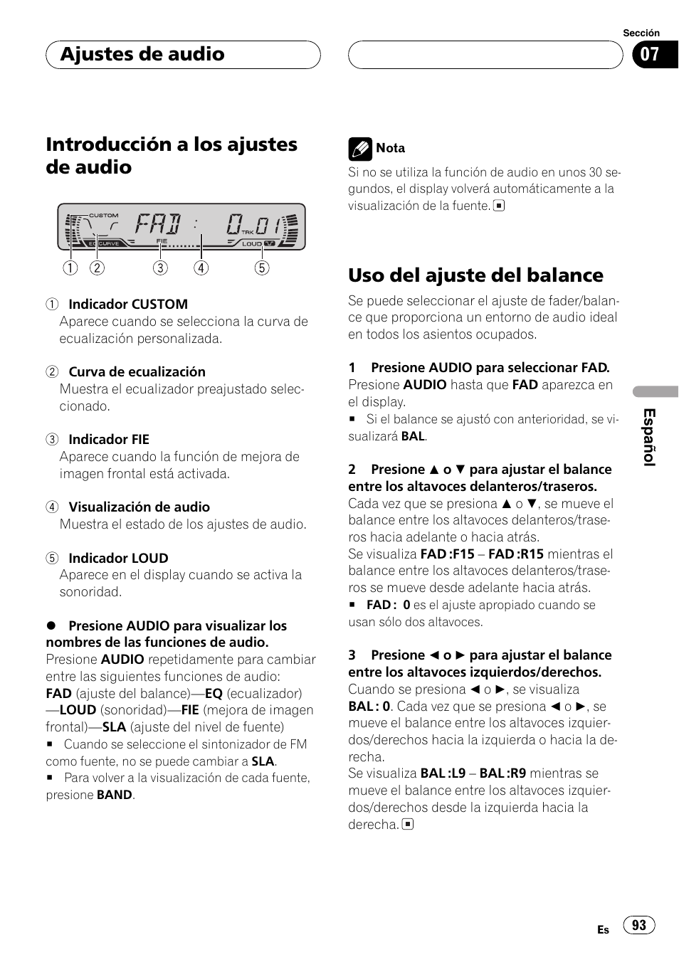 Ajustes de audio, Introducción a los ajustes de audio 93, Uso del ajuste del balance 93 | Introducción a los ajustes de audio, Uso del ajuste del balance | Pioneer DEH-P2600 User Manual | Page 93 / 103