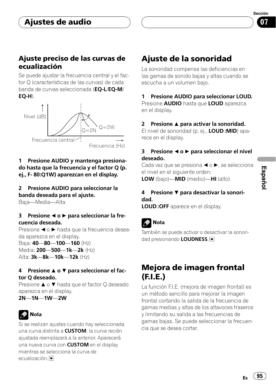 Ajuste preciso de las curvas de, Ecualización 95, Ajuste de la sonoridad 95 | Mejora de imagen frontal (f.i.e.) 95, Ajuste de la sonoridad, Mejora de imagen frontal (f.i.e.), Ajustes de audio, Ajuste preciso de las curvas de ecualización | Pioneer DEH-P2600 User Manual | Page 95 / 103