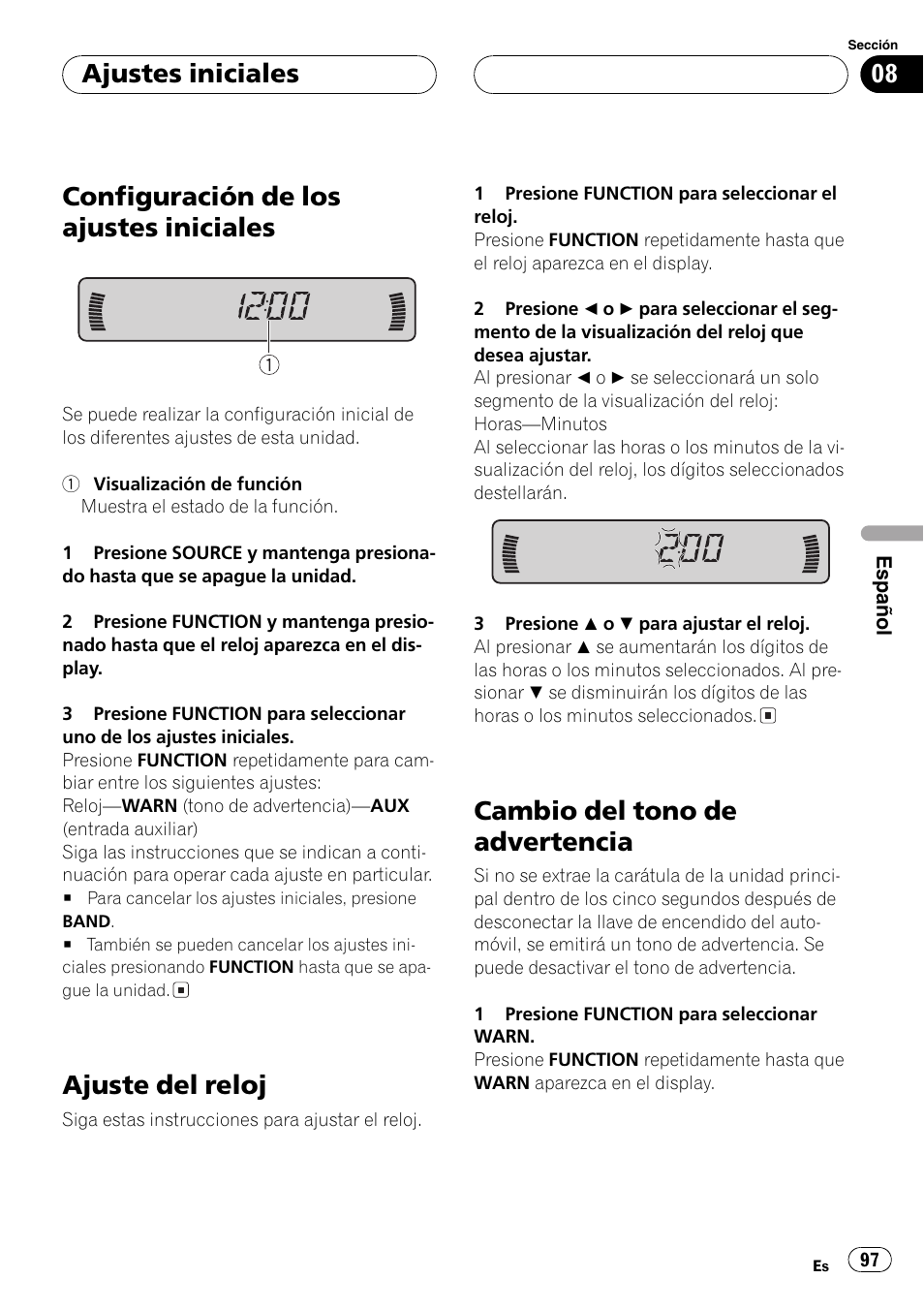 Ajustes iniciales, Configuración de los ajustes iniciales 97, Ajuste del reloj 97 | Cambio del tono de advertencia 97, Configuración de los ajustes iniciales, Ajuste del reloj, Cambio del tono de advertencia | Pioneer DEH-P2600 User Manual | Page 97 / 103