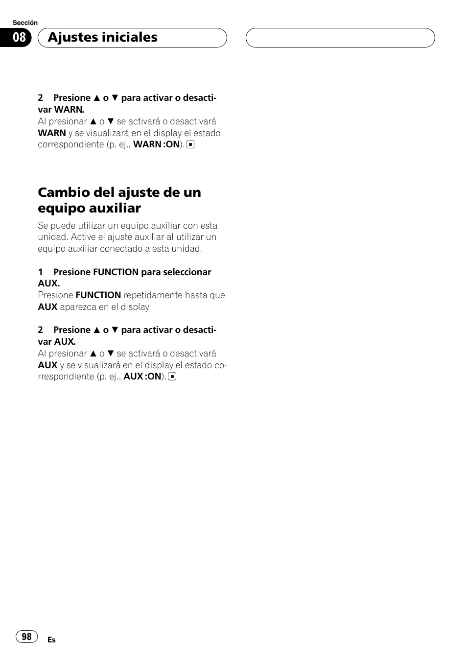 Cambio del ajuste de un equipo auxiliar 98, Cambio del ajuste de un equipo auxiliar, Ajustes iniciales | Pioneer DEH-P2600 User Manual | Page 98 / 103