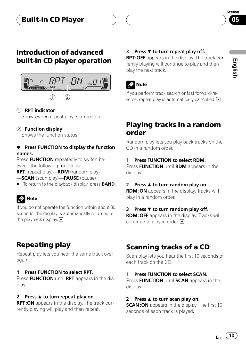 Introduction of advanced built-in cd player, Operation 13, Repeating play | Playing tracks in a random order, Scanning tracks of a cd, Built-in cd player | Pioneer SUPERTUNER III D DEH-P2650 User Manual | Page 13 / 94