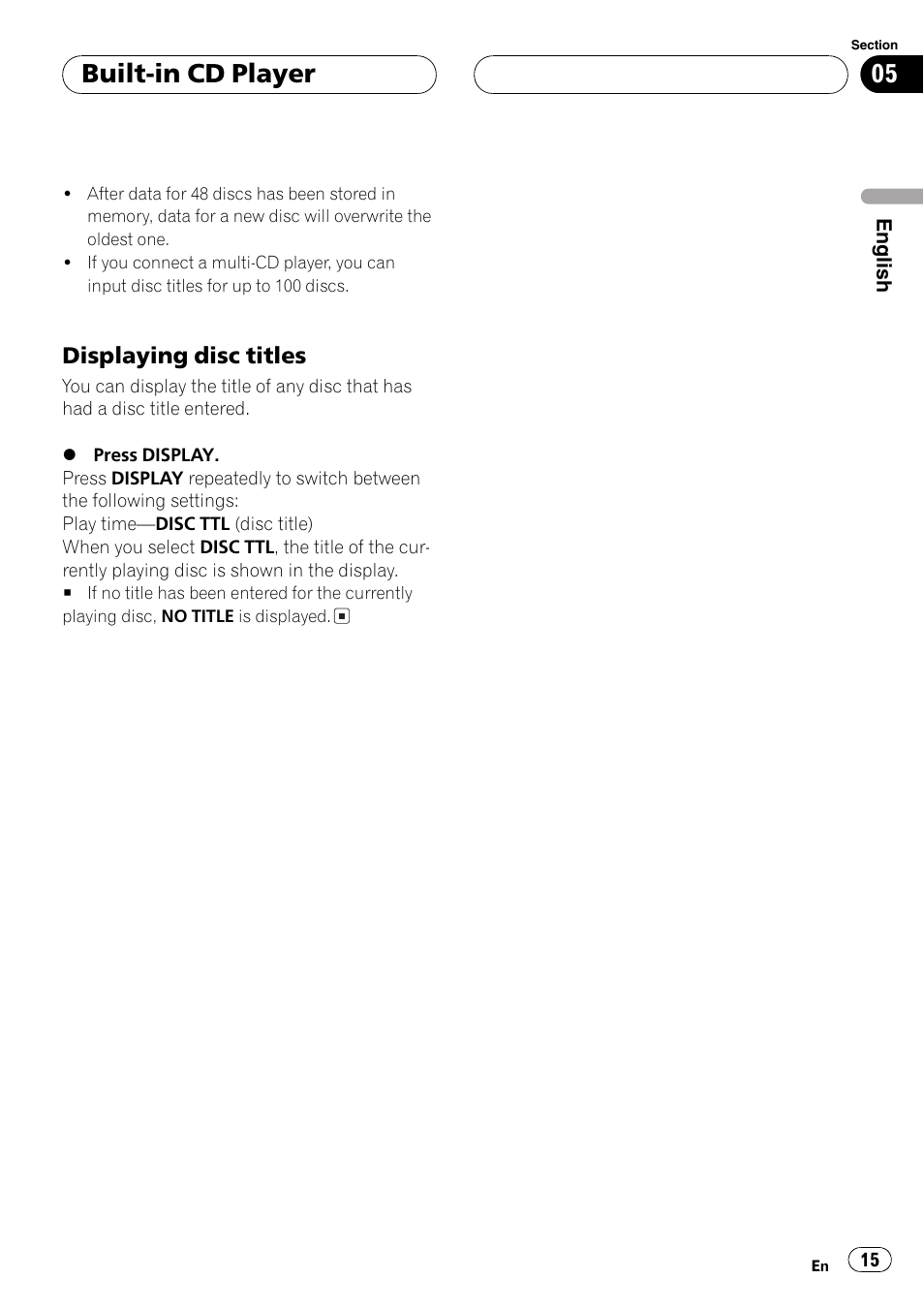 Displaying disc titles 15, Built-in cd player, Displaying disc titles | Pioneer SUPERTUNER III D DEH-P2650 User Manual | Page 15 / 94