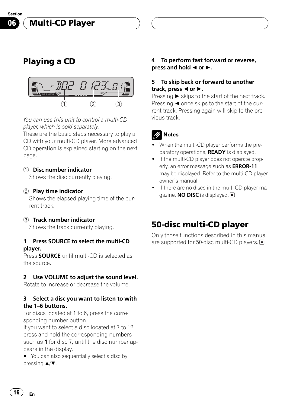 Playing a cd, Disc multi-cd player, Multi-cd player | Pioneer SUPERTUNER III D DEH-P2650 User Manual | Page 16 / 94