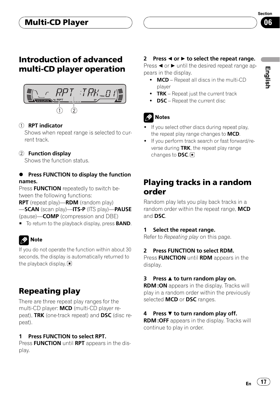 Introduction of advanced multi-cd player, Operation 17, Introduction of advanced multi-cd player operation | Repeating play, Playing tracks in a random order, Multi-cd player | Pioneer SUPERTUNER III D DEH-P2650 User Manual | Page 17 / 94