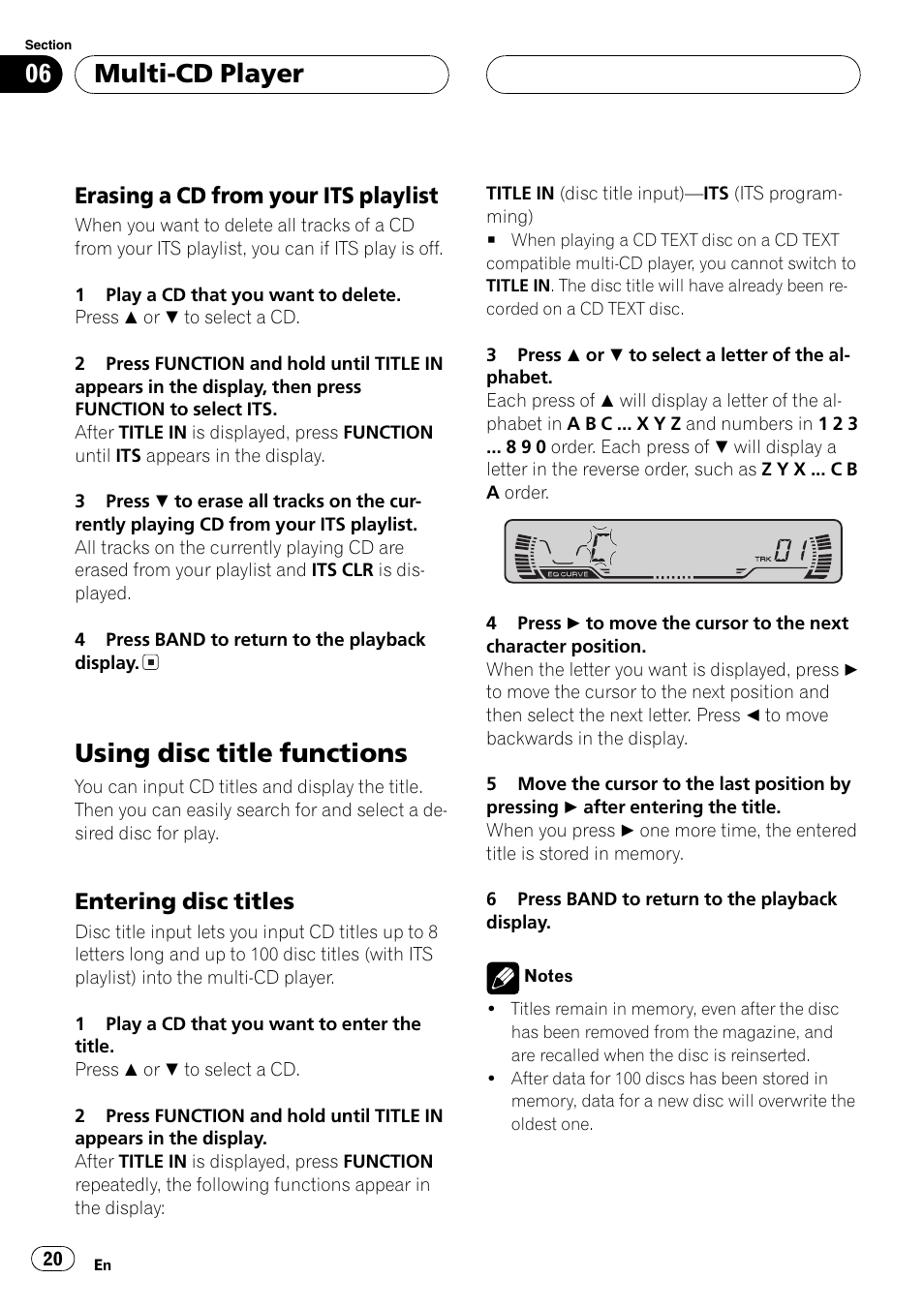 Erasing a cd from your its, Playlist 20, Using disc title functions 20 | Entering disc titles 20, Using disc title functions, Multi-cd player, Erasing a cd from your its playlist, Entering disc titles | Pioneer SUPERTUNER III D DEH-P2650 User Manual | Page 20 / 94