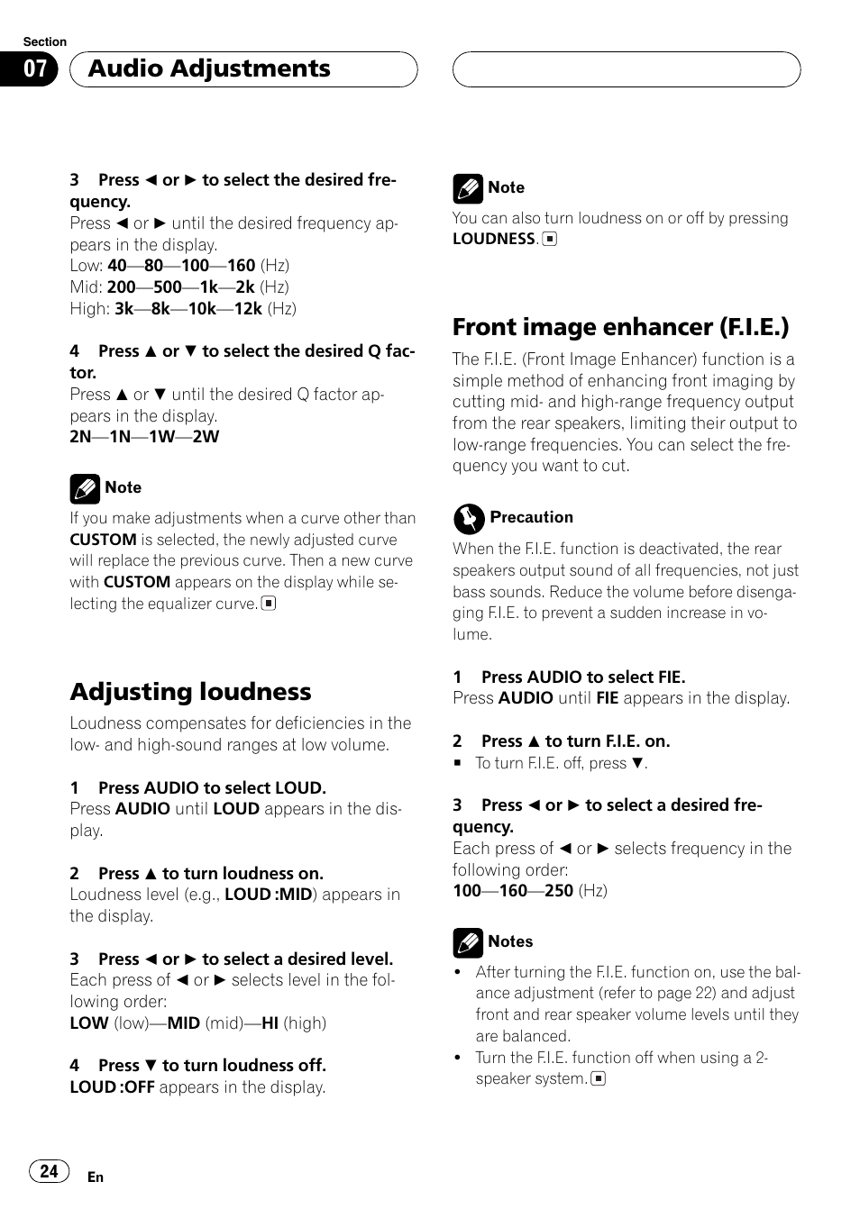 Adjusting loudness, Front image enhancer (f.i.e.), Audio adjustments | Pioneer SUPERTUNER III D DEH-P2650 User Manual | Page 24 / 94