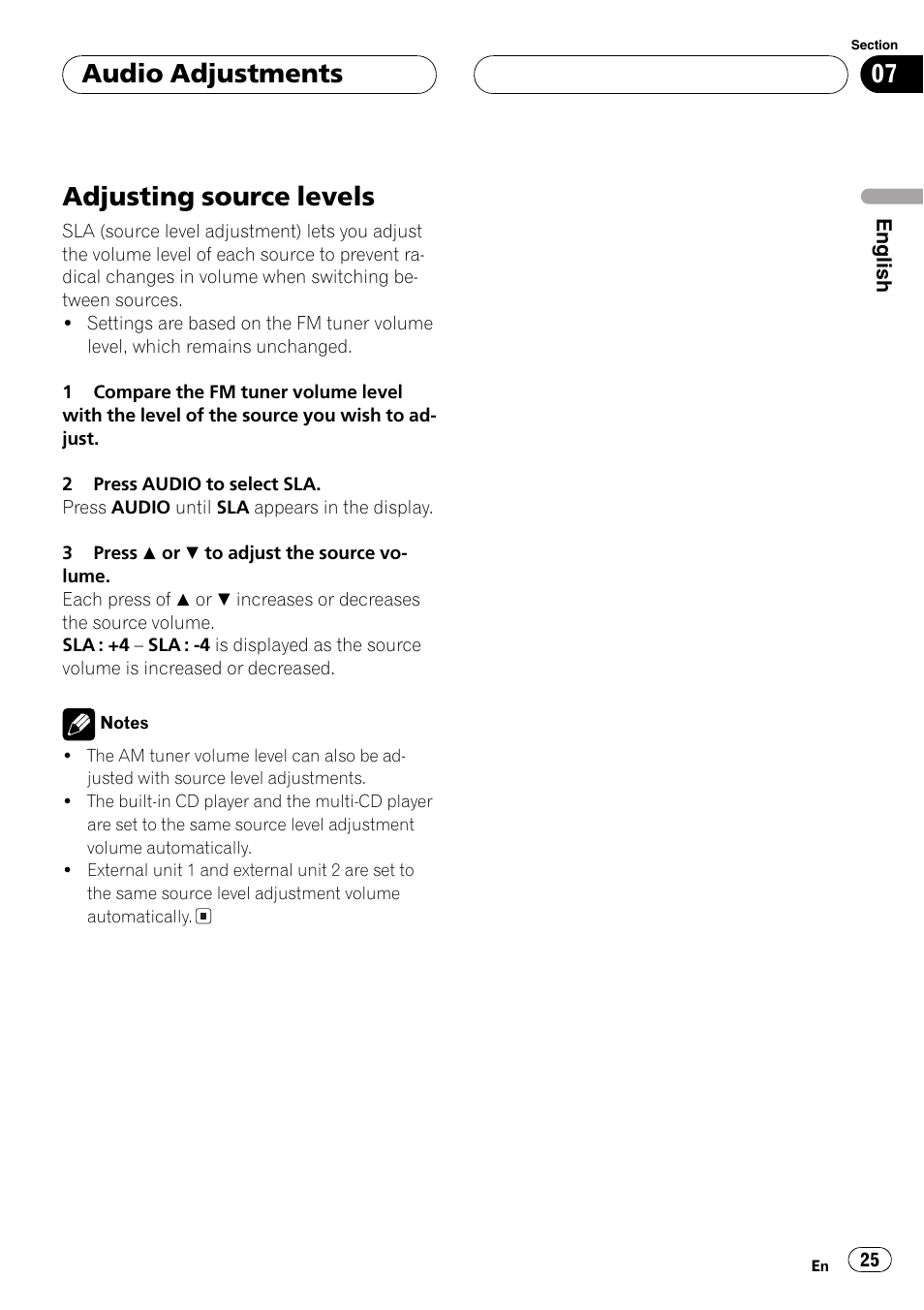 Adjusting source levels 25, Adjusting source levels, Audio adjustments | Pioneer SUPERTUNER III D DEH-P2650 User Manual | Page 25 / 94